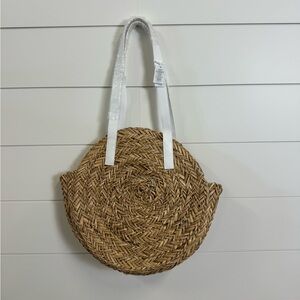 Round Woven Tan Bag with White Straps